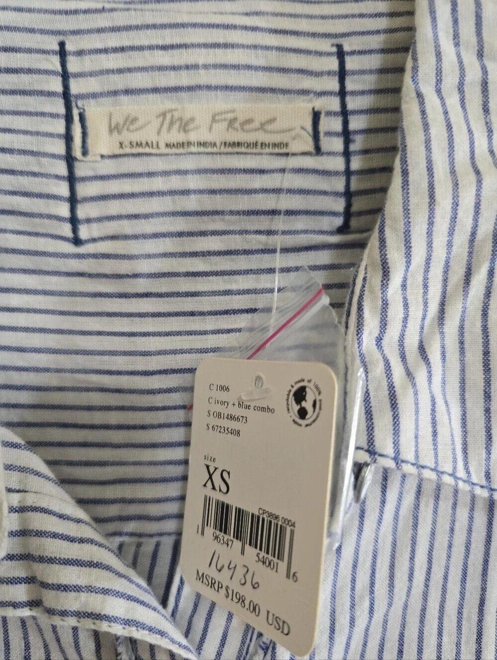 NWT Free People Maldives Stripes Top Ivory & Blue Combo XS Oversized Lace Insets